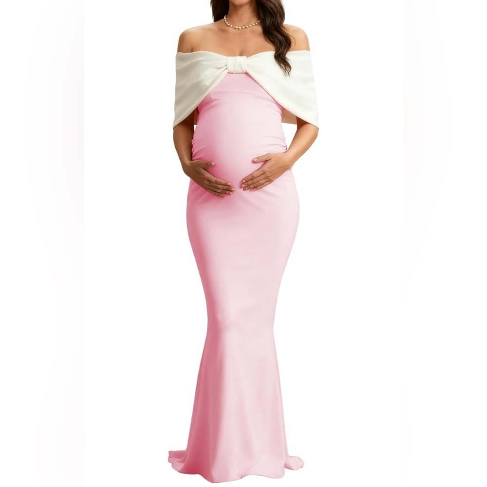 Off-the-Shoulder Pink Maxi Maternity Gown with Ivory Capelet
